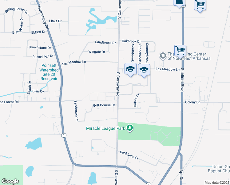 map of restaurants, bars, coffee shops, grocery stores, and more near 1608 Golf Course Drive in Jonesboro