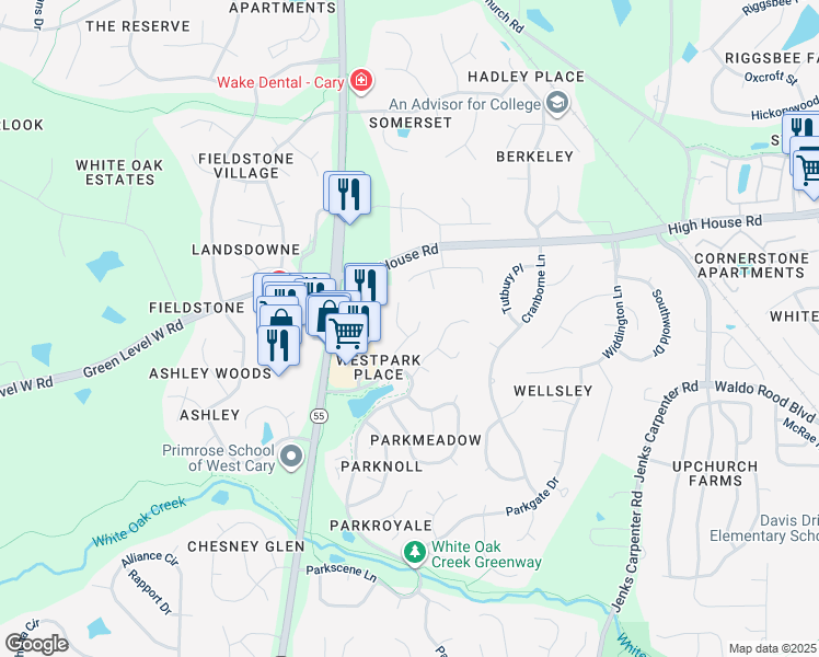 map of restaurants, bars, coffee shops, grocery stores, and more near 201 Parkcanyon Lane in Cary