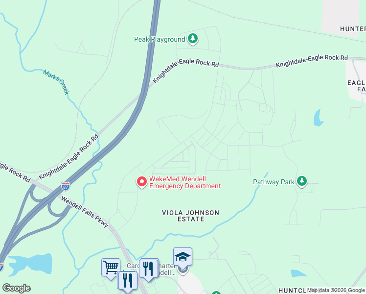 map of restaurants, bars, coffee shops, grocery stores, and more near 1520 Poinsettia Lane in Wendell
