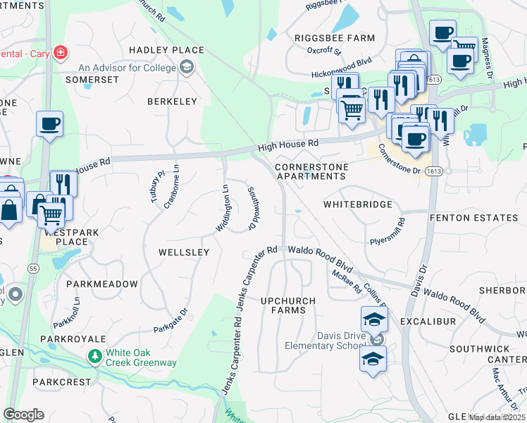 map of restaurants, bars, coffee shops, grocery stores, and more near 127 Southwold Drive in Cary