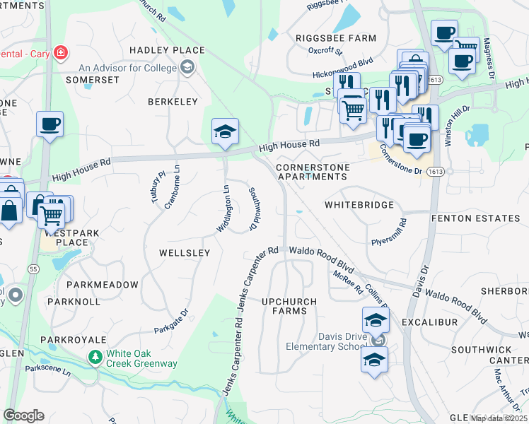 map of restaurants, bars, coffee shops, grocery stores, and more near 127 Southwold Drive in Cary