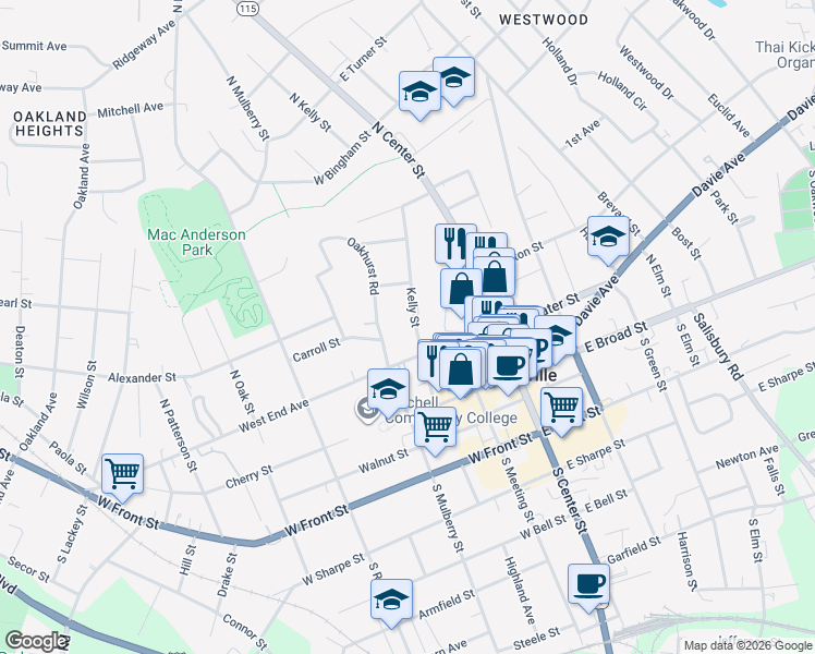 map of restaurants, bars, coffee shops, grocery stores, and more near 206 Kelly Street in Statesville