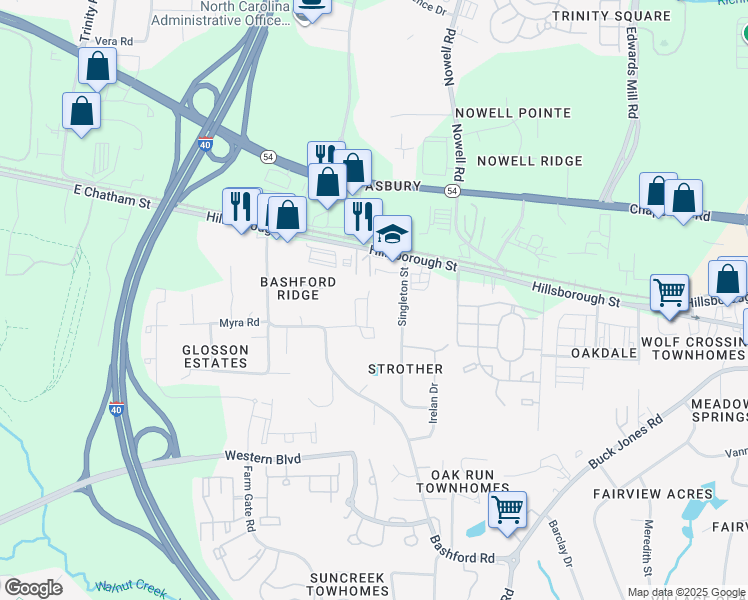 map of restaurants, bars, coffee shops, grocery stores, and more near 114 Singleton Street in Raleigh