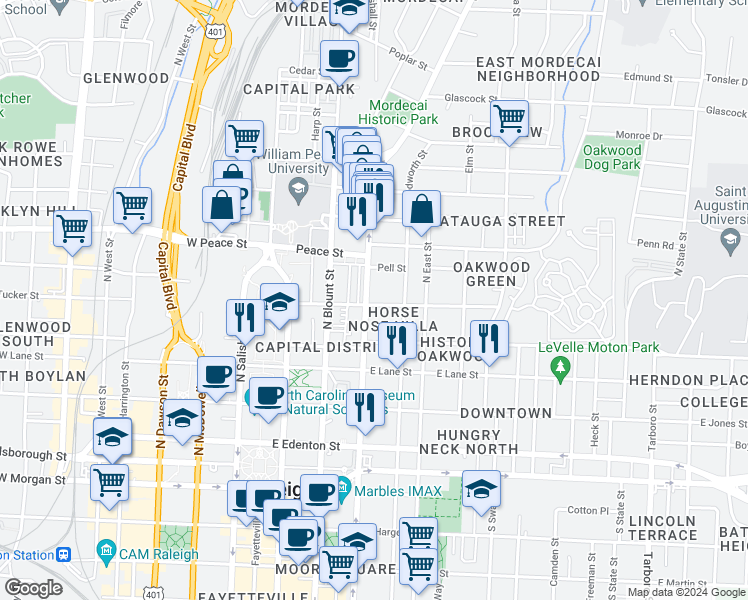 map of restaurants, bars, coffee shops, grocery stores, and more near 504 North Person Street in Raleigh