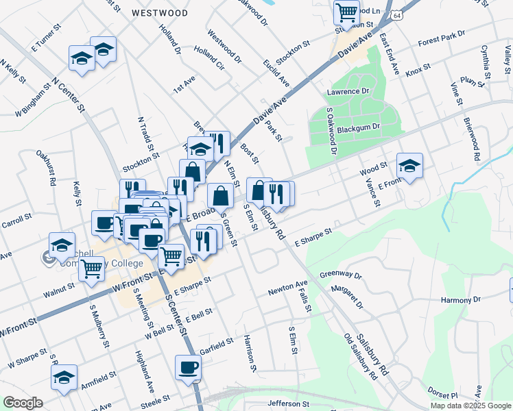 map of restaurants, bars, coffee shops, grocery stores, and more near 114 Salisbury Road in Statesville