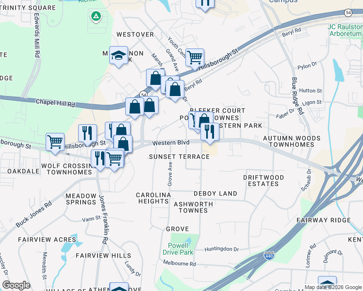 map of restaurants, bars, coffee shops, grocery stores, and more near 509a Heather Drive in Raleigh