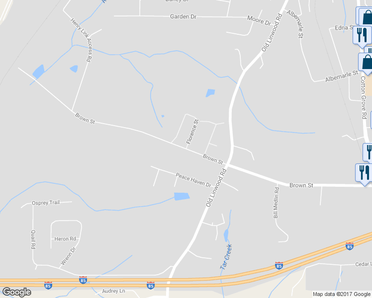 map of restaurants, bars, coffee shops, grocery stores, and more near Brown Street in Lexington