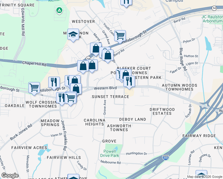 map of restaurants, bars, coffee shops, grocery stores, and more near 509a Heather Drive in Raleigh