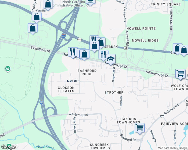 map of restaurants, bars, coffee shops, grocery stores, and more near 600 Angel Court in Raleigh