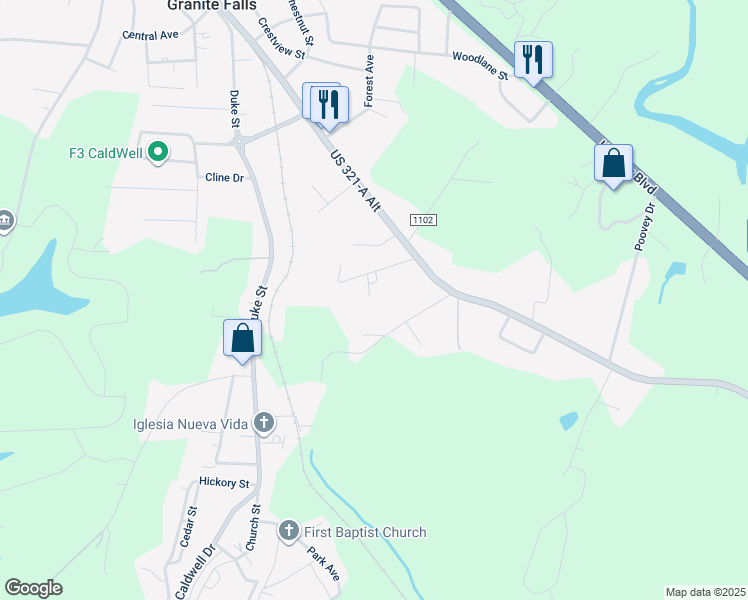 map of restaurants, bars, coffee shops, grocery stores, and more near 2958 Countryside Drive in Granite Falls