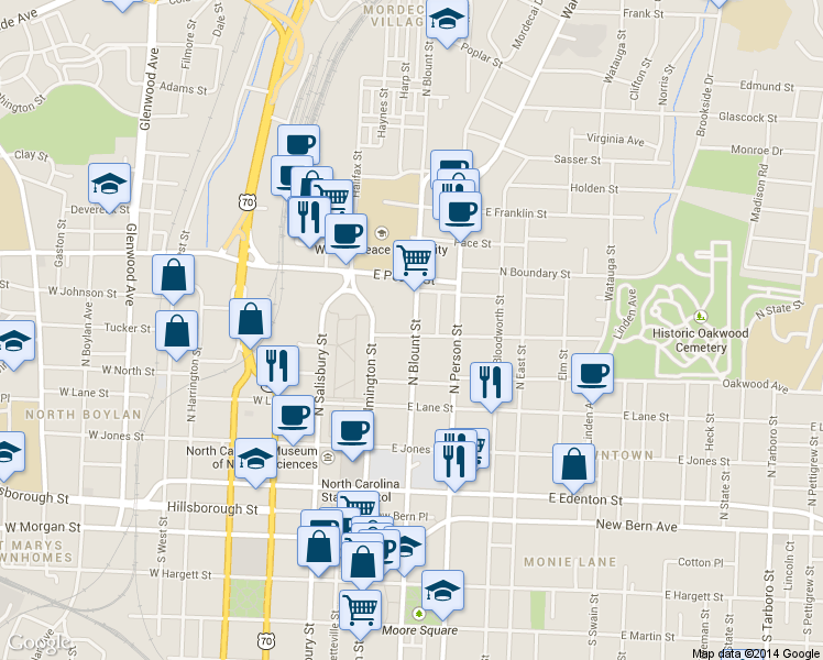 map of restaurants, bars, coffee shops, grocery stores, and more near 501 N Blount St in Raleigh