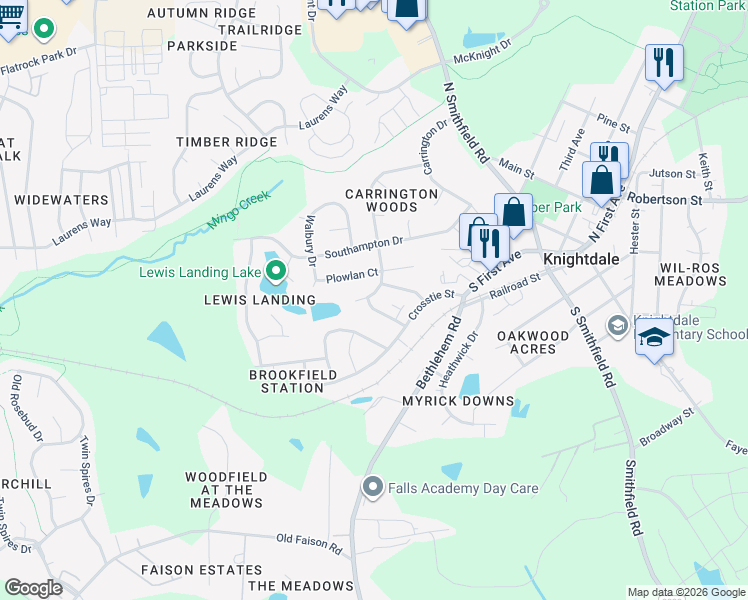 map of restaurants, bars, coffee shops, grocery stores, and more near 313 Brakeman Street in Knightdale