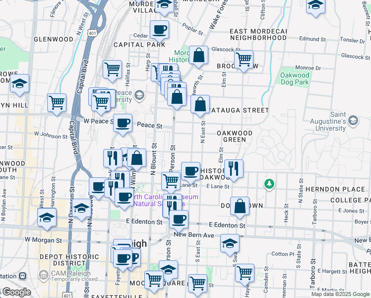 map of restaurants, bars, coffee shops, grocery stores, and more near 319 Polk Street in Raleigh