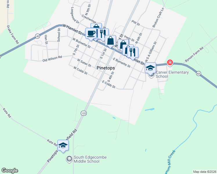 map of restaurants, bars, coffee shops, grocery stores, and more near 320 East Cobb Street in Pinetops