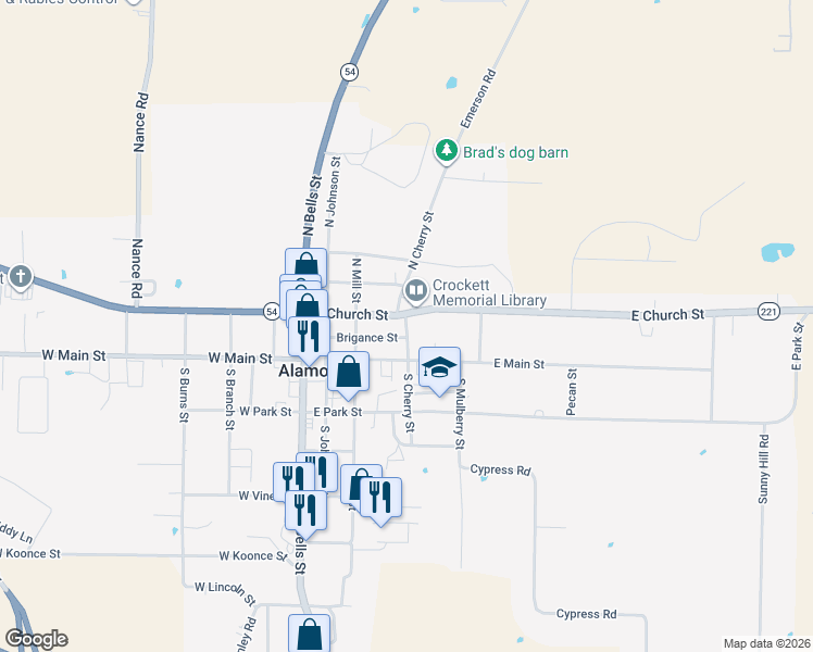 map of restaurants, bars, coffee shops, grocery stores, and more near 175 East Main Street in Alamo