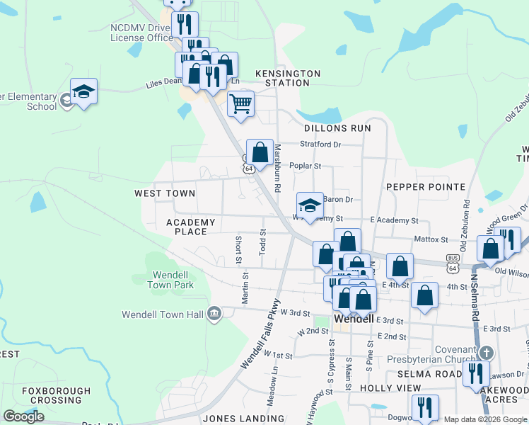 map of restaurants, bars, coffee shops, grocery stores, and more near 310 Todd Street in Wendell