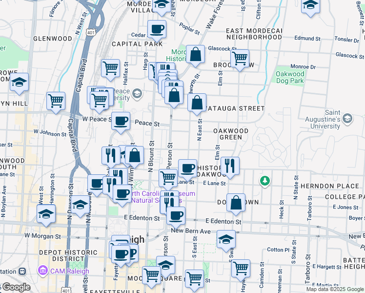 map of restaurants, bars, coffee shops, grocery stores, and more near 319 Polk Street in Raleigh