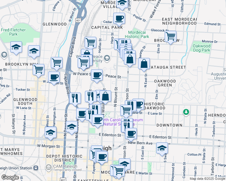 map of restaurants, bars, coffee shops, grocery stores, and more near 501 N Blount St in Raleigh