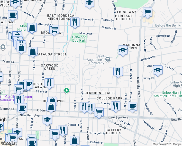 map of restaurants, bars, coffee shops, grocery stores, and more near 1315 Oakwood Avenue in Raleigh