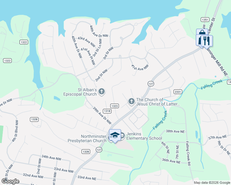 map of restaurants, bars, coffee shops, grocery stores, and more near 111 39th Avenue Court Northwest in Hickory