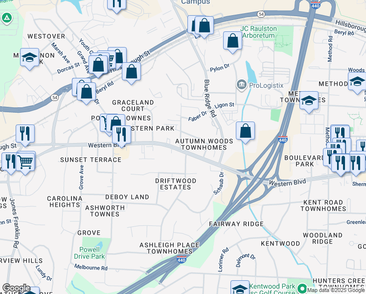 map of restaurants, bars, coffee shops, grocery stores, and more near 821 Gannett Street in Raleigh