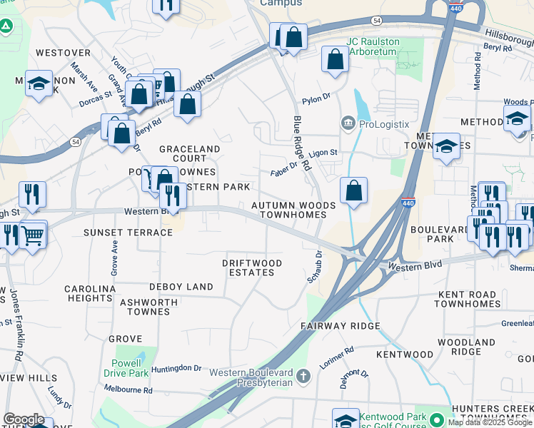 map of restaurants, bars, coffee shops, grocery stores, and more near 4800 Western Boulevard in Raleigh