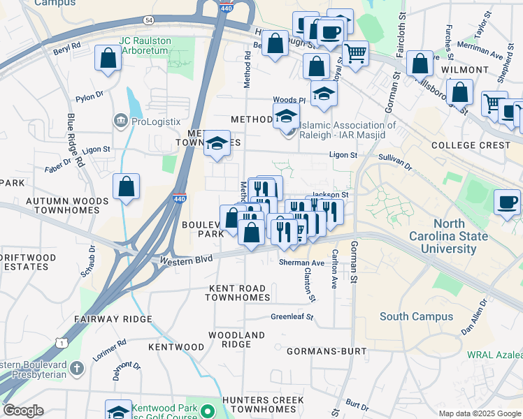 map of restaurants, bars, coffee shops, grocery stores, and more near 3926 Western Boulevard in Raleigh