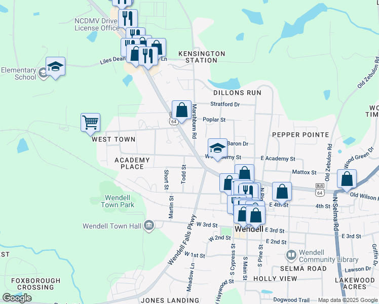 map of restaurants, bars, coffee shops, grocery stores, and more near 3154 Wendell Boulevard in Wendell