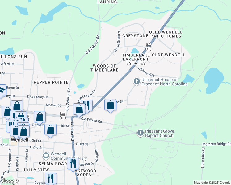 map of restaurants, bars, coffee shops, grocery stores, and more near 4251 Wendell Boulevard in Wendell