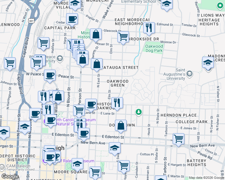 map of restaurants, bars, coffee shops, grocery stores, and more near 522 Elm Street in Raleigh