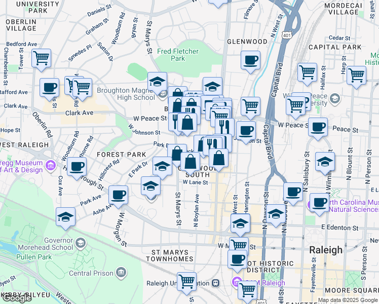 map of restaurants, bars, coffee shops, grocery stores, and more near 719 West Johnson Street in Raleigh