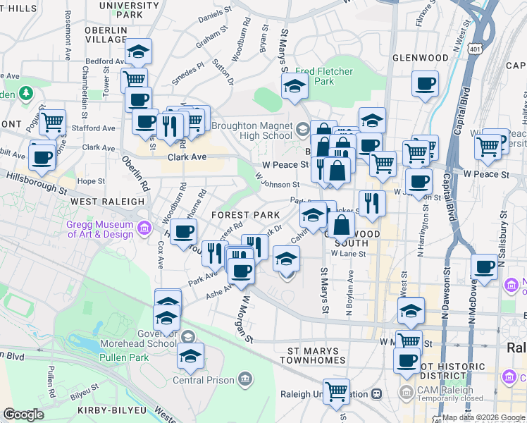 map of restaurants, bars, coffee shops, grocery stores, and more near 1424 Park Drive in Raleigh