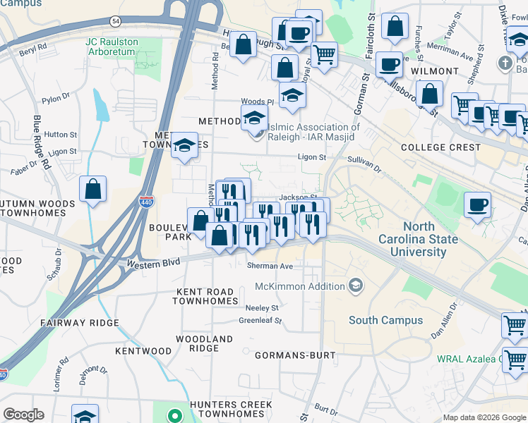 map of restaurants, bars, coffee shops, grocery stores, and more near 3900 Jackson Street in Raleigh