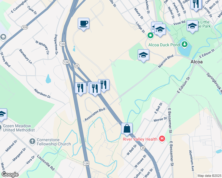 map of restaurants, bars, coffee shops, grocery stores, and more near 334 Fountain View Circle in Alcoa