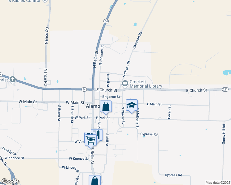 map of restaurants, bars, coffee shops, grocery stores, and more near 159 North Cherry Street in Alamo