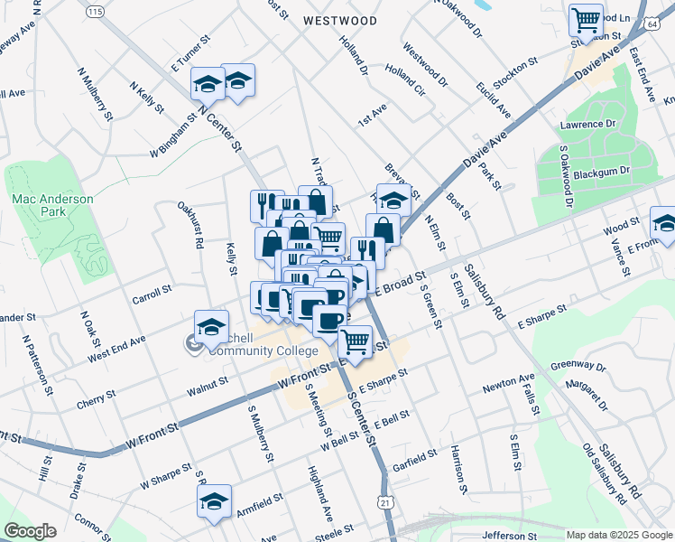 map of restaurants, bars, coffee shops, grocery stores, and more near 134 East Water Street in Statesville