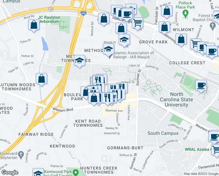 map of restaurants, bars, coffee shops, grocery stores, and more near 3912 Lexington Drive in Raleigh