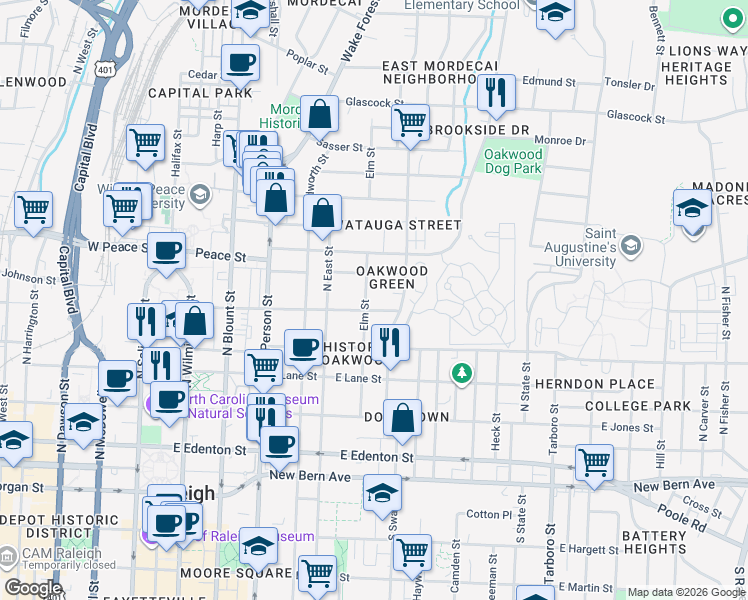 map of restaurants, bars, coffee shops, grocery stores, and more near 522 Elm Street in Raleigh