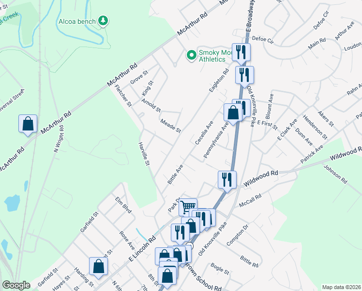 map of restaurants, bars, coffee shops, grocery stores, and more near 454 Eagleton Road in Maryville