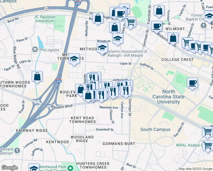 map of restaurants, bars, coffee shops, grocery stores, and more near 3906 Lexington Drive in Raleigh