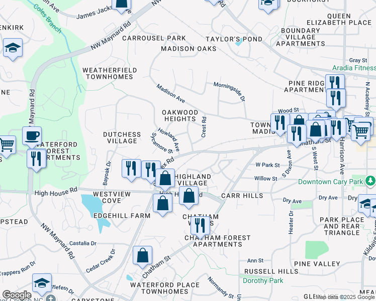 map of restaurants, bars, coffee shops, grocery stores, and more near 101 Murphy Drive in Cary