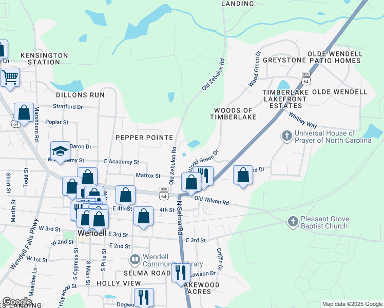 map of restaurants, bars, coffee shops, grocery stores, and more near 505 Mugo Pine Court in Wendell