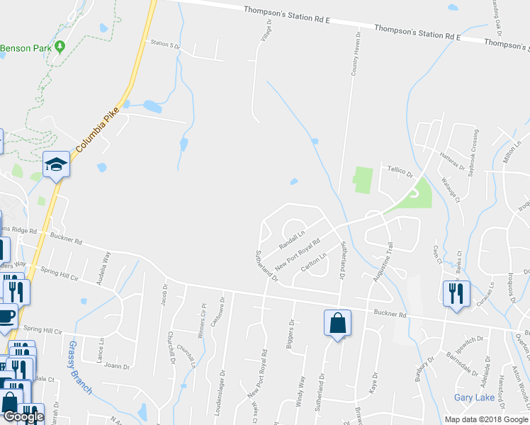 map of restaurants, bars, coffee shops, grocery stores, and more near 2715 Sutherland Drive in Thompson's Station