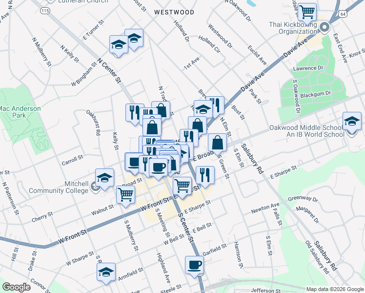 map of restaurants, bars, coffee shops, grocery stores, and more near 220 East Water Street in Statesville