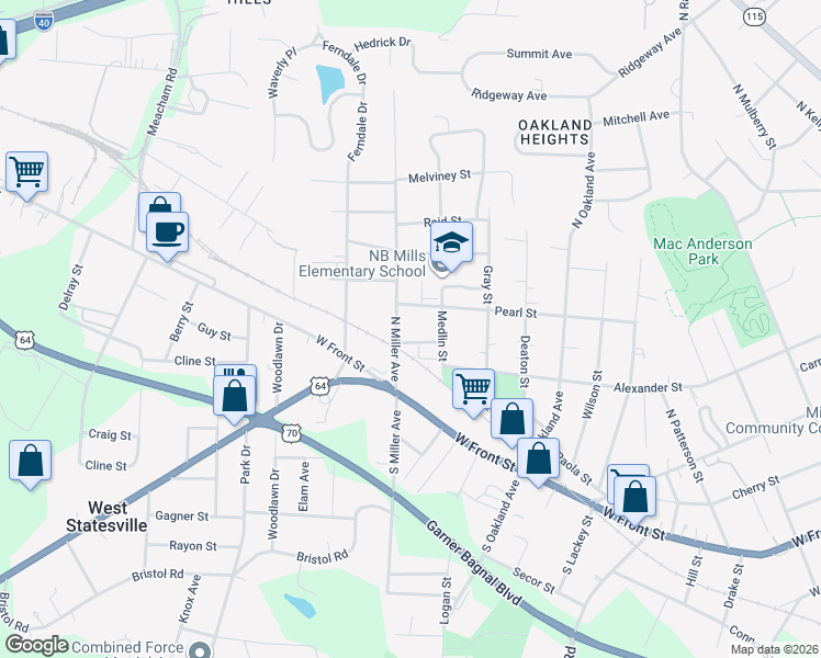 map of restaurants, bars, coffee shops, grocery stores, and more near 328 North Miller Avenue in Statesville