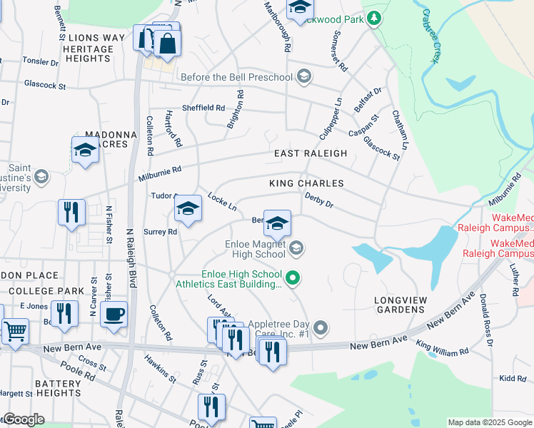 map of restaurants, bars, coffee shops, grocery stores, and more near 2317 Bertie Drive in Raleigh
