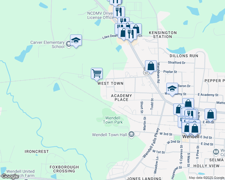 map of restaurants, bars, coffee shops, grocery stores, and more near 13 East Street in Wendell