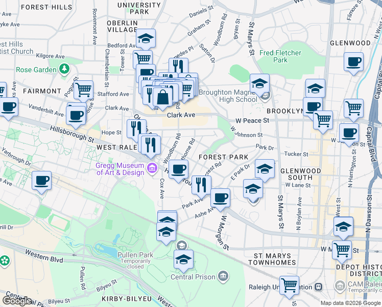map of restaurants, bars, coffee shops, grocery stores, and more near 219 Hawthorne Road in Raleigh
