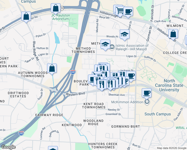 map of restaurants, bars, coffee shops, grocery stores, and more near 900 Method Road in Raleigh