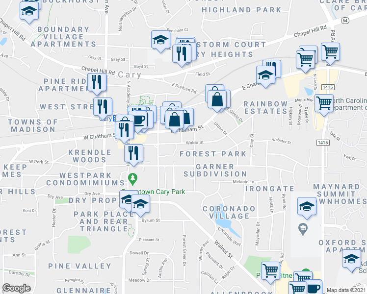 map of restaurants, bars, coffee shops, grocery stores, and more near 217 Waldo Street in Cary